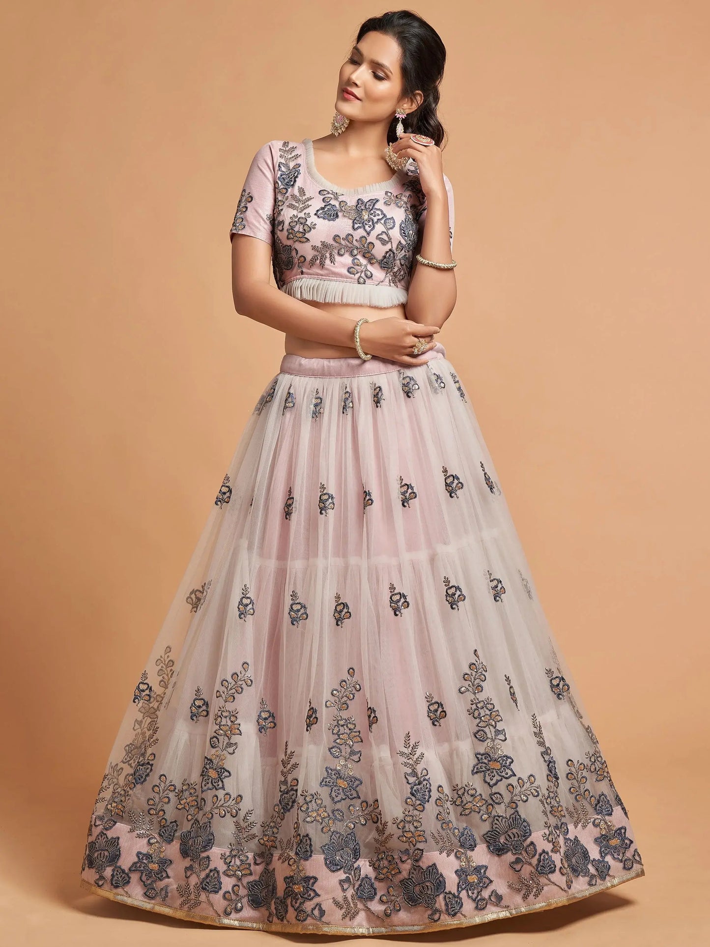 Super Grey Zari Embroidery Net Party Wear Lehenga Choli - Zeel Clothing