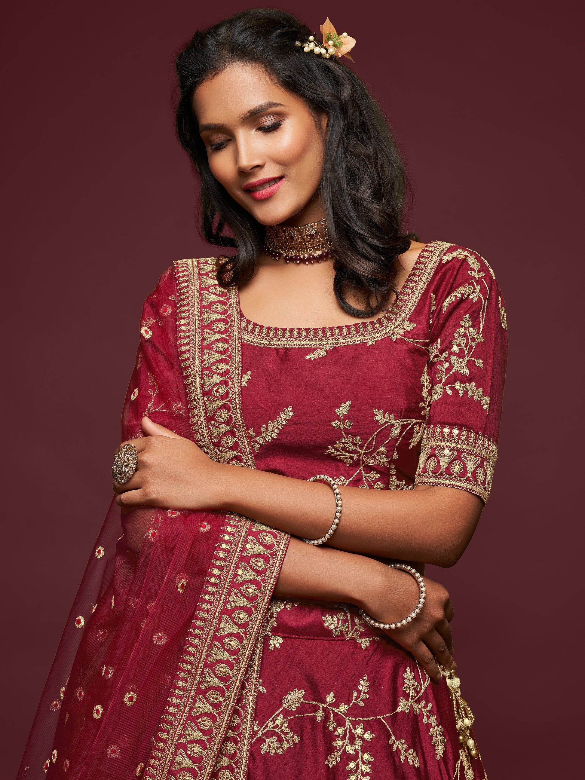 Super Maroon Thread Embroidery Art Silk Wedding Lehenga Choli - Zeel Clothing