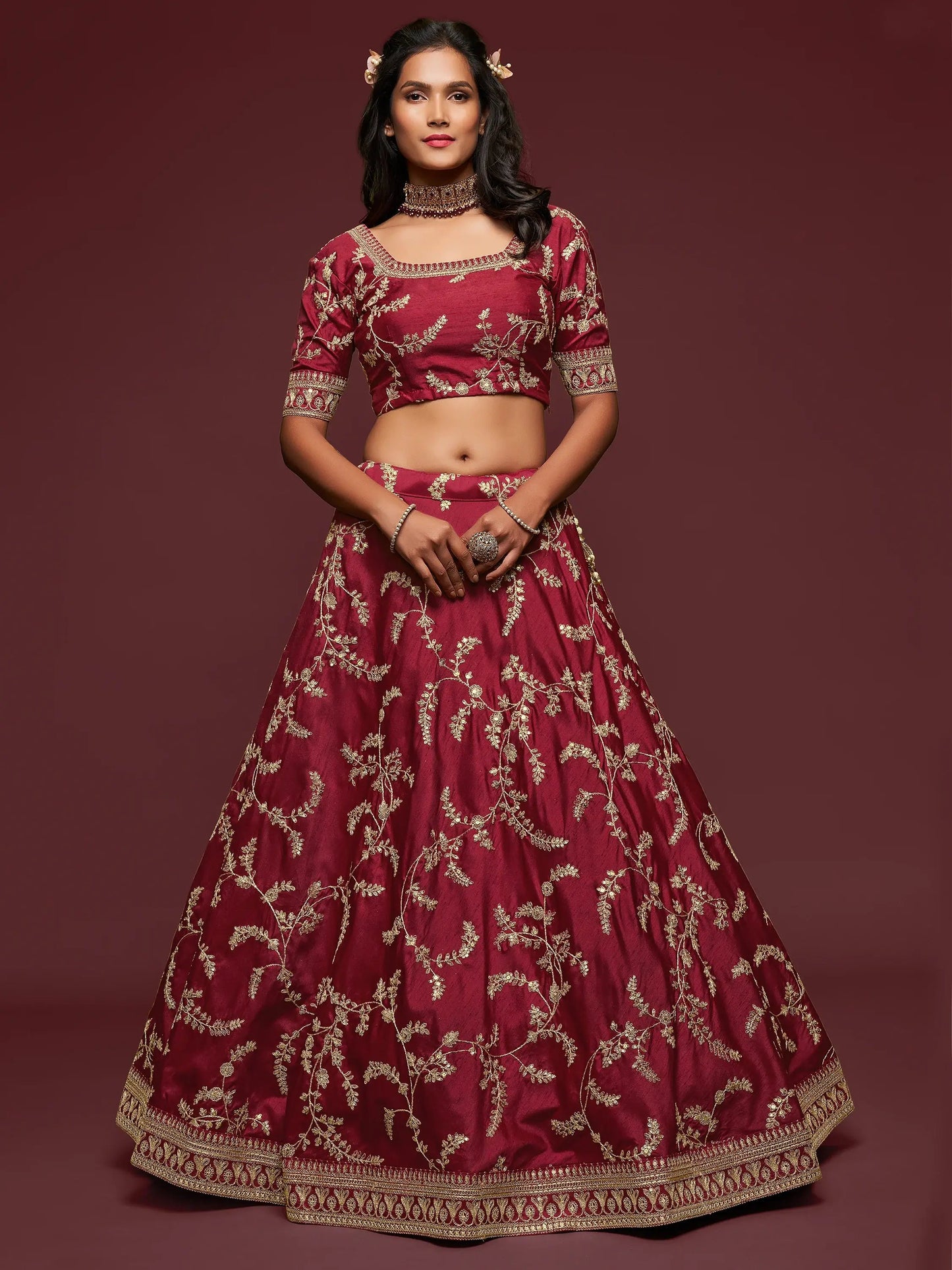 Super Maroon Thread Embroidery Art Silk Wedding Lehenga Choli - Zeel Clothing