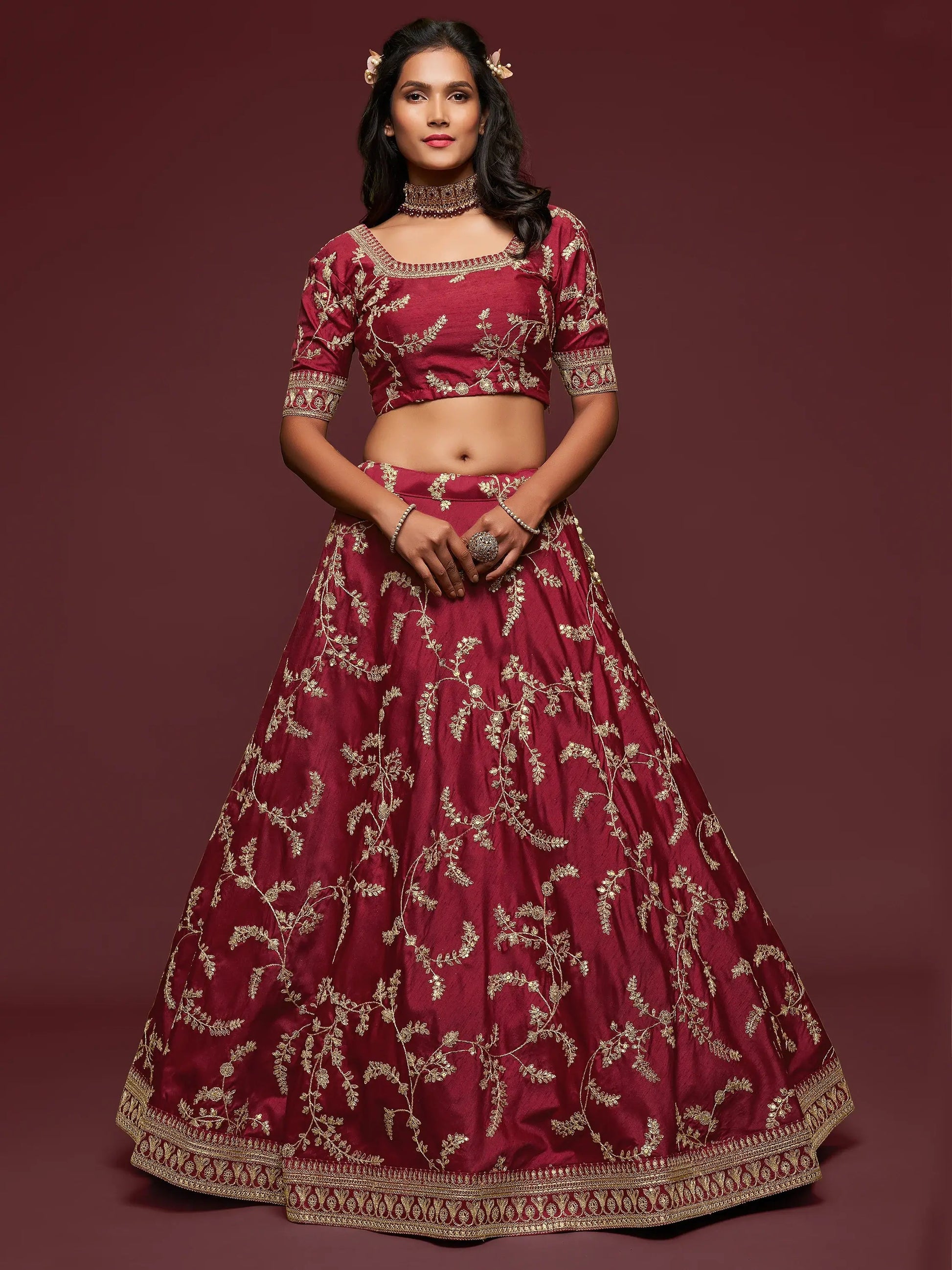 Super Maroon Thread Embroidery Art Silk Wedding Lehenga Choli - Zeel Clothing