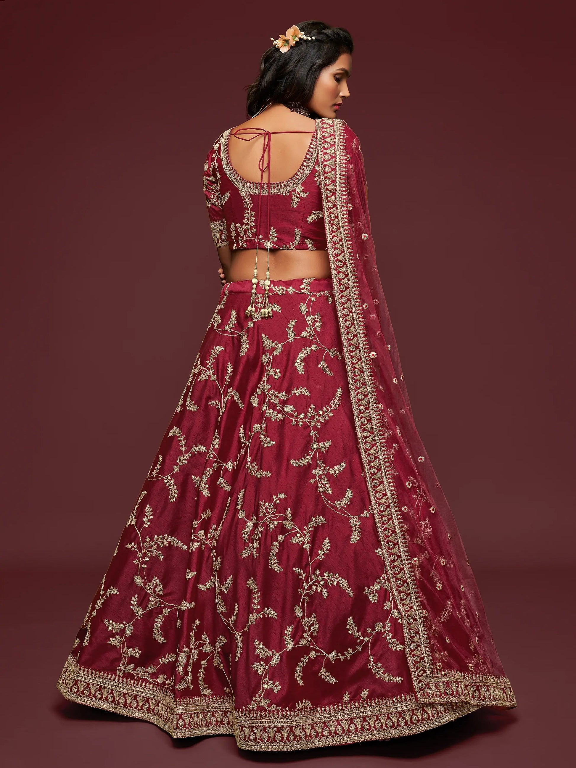 Super Maroon Thread Embroidery Art Silk Wedding Lehenga Choli - Zeel Clothing