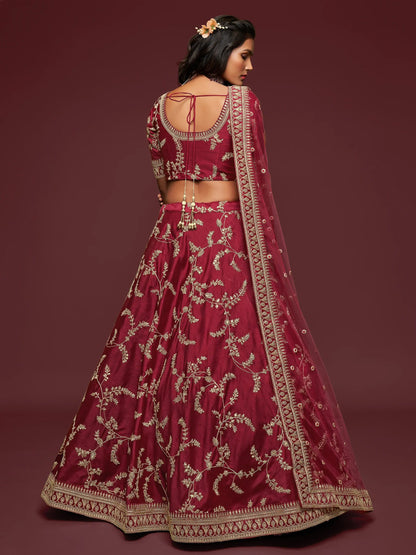 Super Maroon Thread Embroidery Art Silk Wedding Lehenga Choli - Zeel Clothing