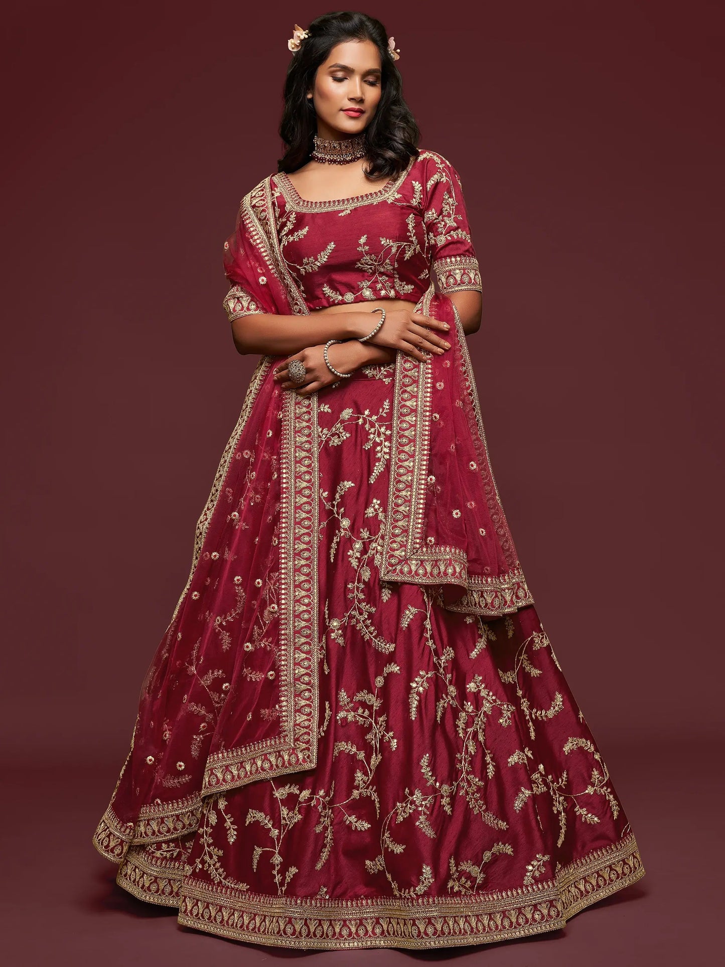 Super Maroon Thread Embroidery Art Silk Wedding Lehenga Choli - Zeel Clothing