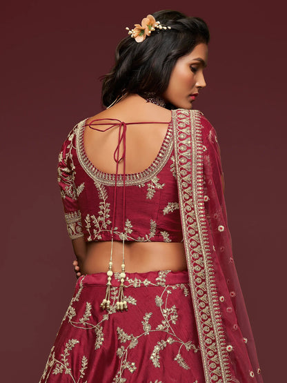 Super Maroon Thread Embroidery Art Silk Wedding Lehenga Choli - Zeel Clothing