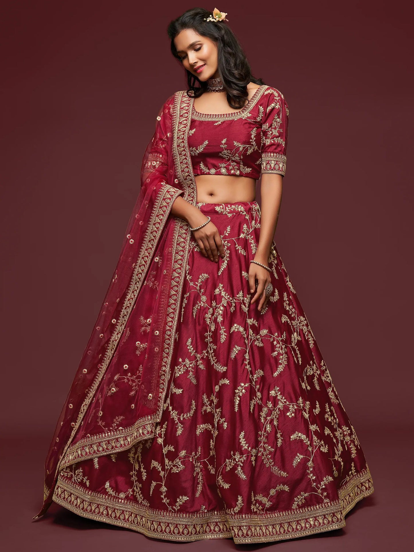 Super Maroon Thread Embroidery Art Silk Wedding Lehenga Choli - Zeel Clothing