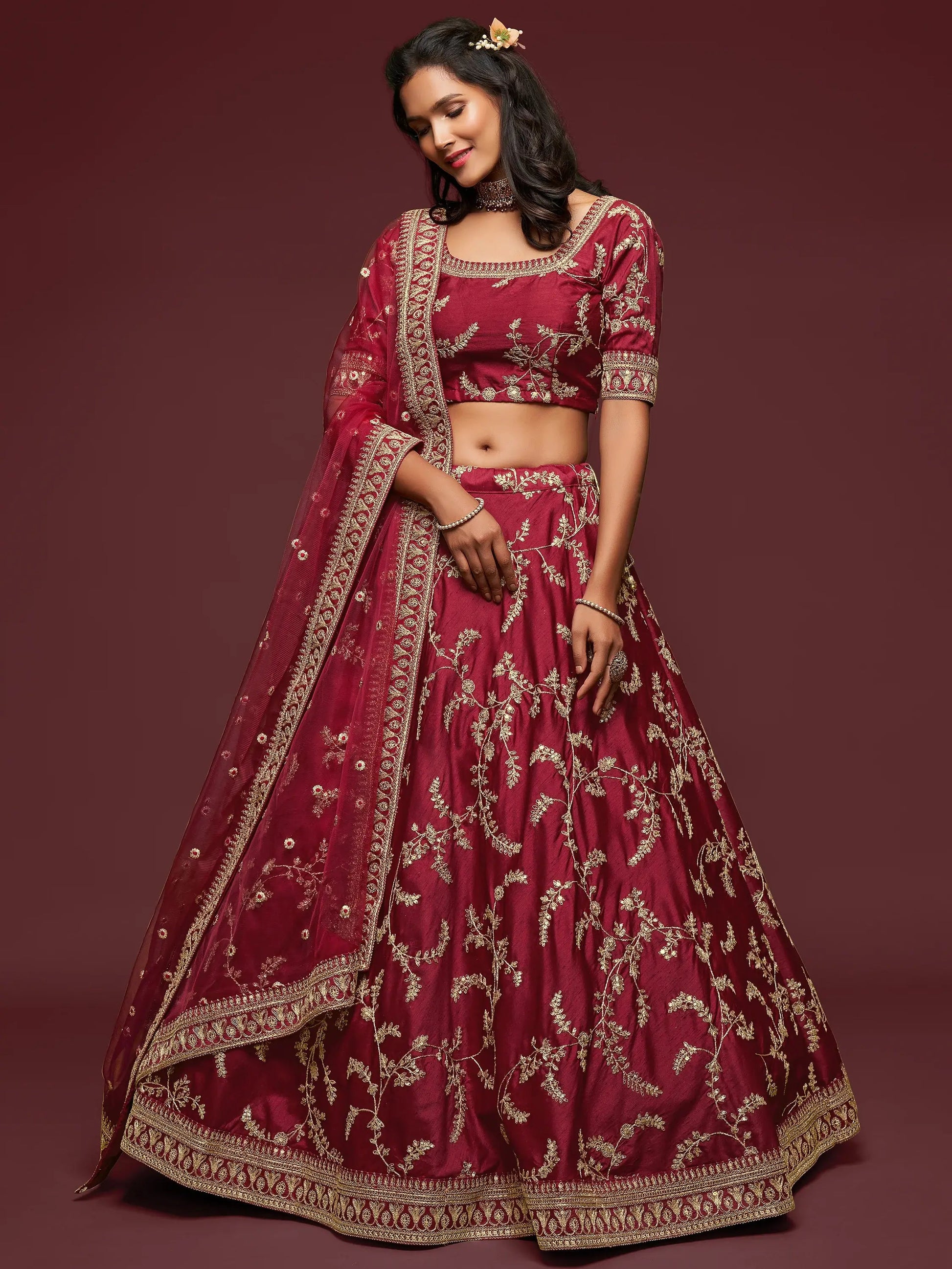 Super Maroon Thread Embroidery Art Silk Wedding Lehenga Choli - Zeel Clothing