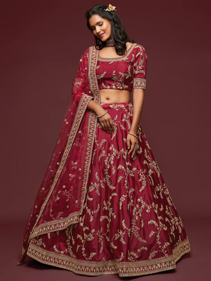 Super Maroon Thread Embroidery Art Silk Wedding Lehenga Choli - Zeel Clothing