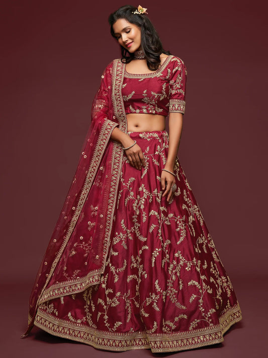 Super Maroon Thread Embroidery Art Silk Wedding Lehenga Choli - Zeel Clothing