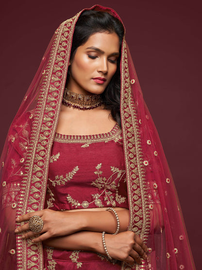 Super Maroon Thread Embroidery Art Silk Wedding Lehenga Choli - Zeel Clothing