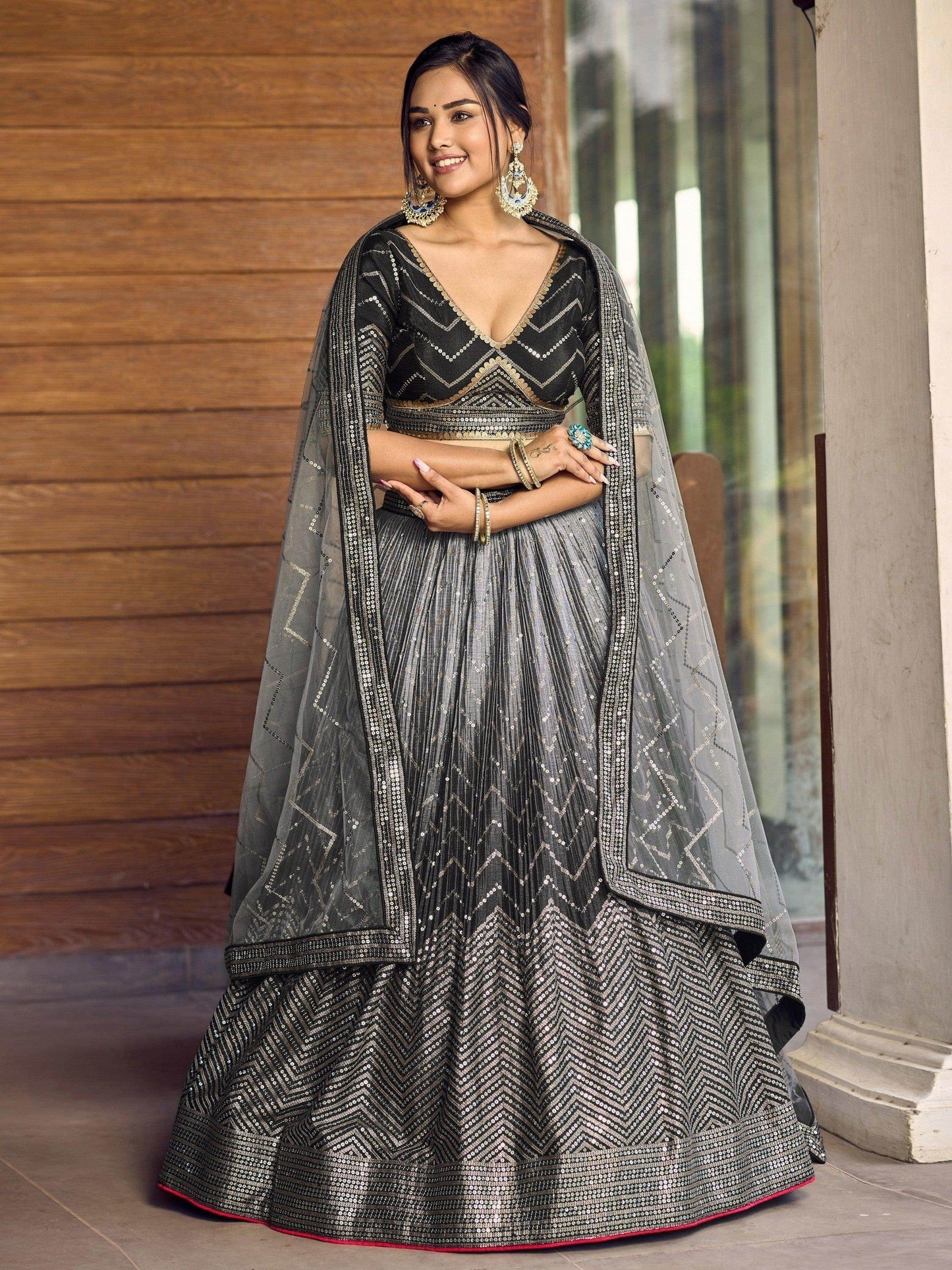 Superb Black Sequins Chinon Events Wear Lehenga Choli With Dupatta - Zeel Clothing