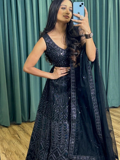 Superb Black Sequins Net Designer Lehenga Choli With Dupatta - Zeel Clothing