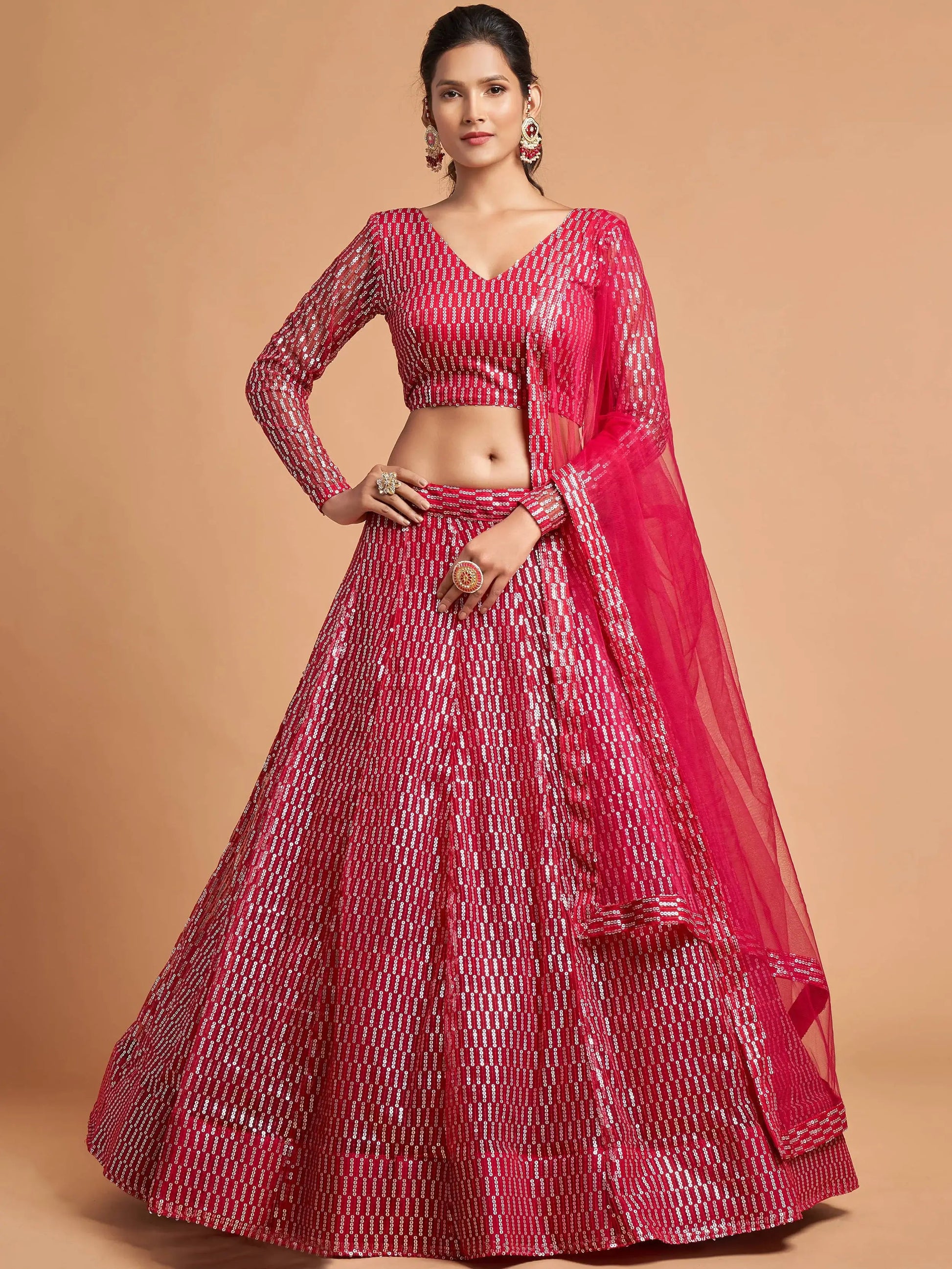 Superb Hot Pink Thread Embroidered Net Party Wear Lehenga Choli - Zeel Clothing