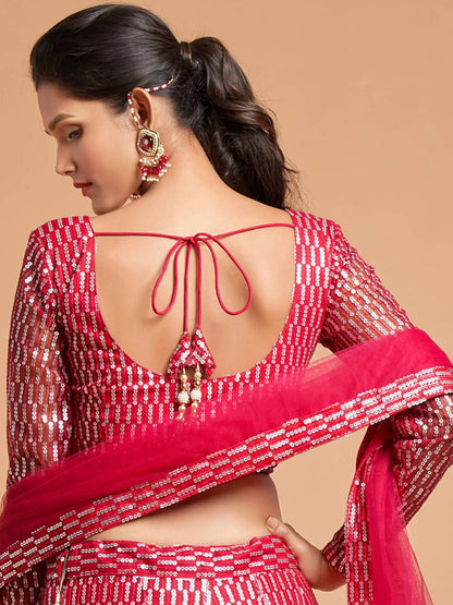 Superb Hot Pink Thread Embroidered Net Party Wear Lehenga Choli - Zeel Clothing