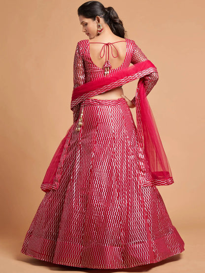 Superb Hot Pink Thread Embroidered Net Party Wear Lehenga Choli - Zeel Clothing