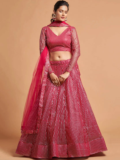 Superb Hot Pink Thread Embroidered Net Party Wear Lehenga Choli - Zeel Clothing