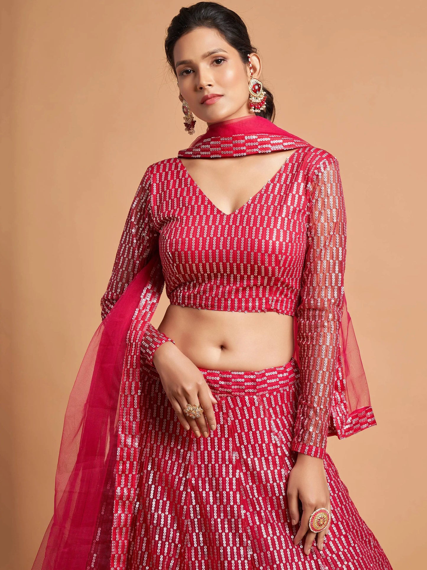 Superb Hot Pink Thread Embroidered Net Party Wear Lehenga Choli - Zeel Clothing