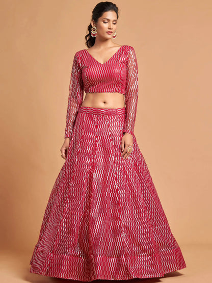 Superb Hot Pink Thread Embroidered Net Party Wear Lehenga Choli - Zeel Clothing