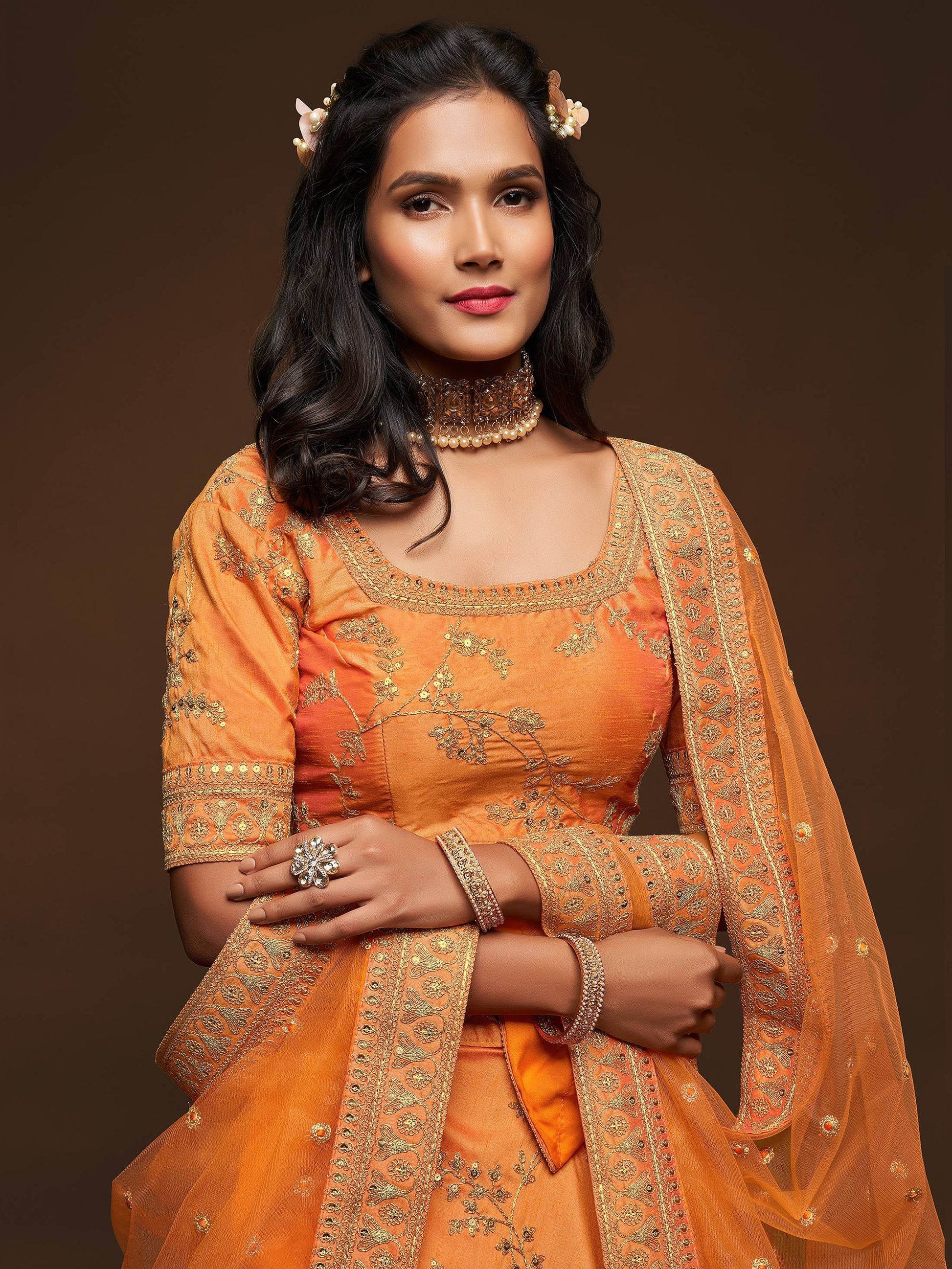 Superior Orange Thread Embroidery Art Silk Wedding Lehenga Choli - Zeel Clothing