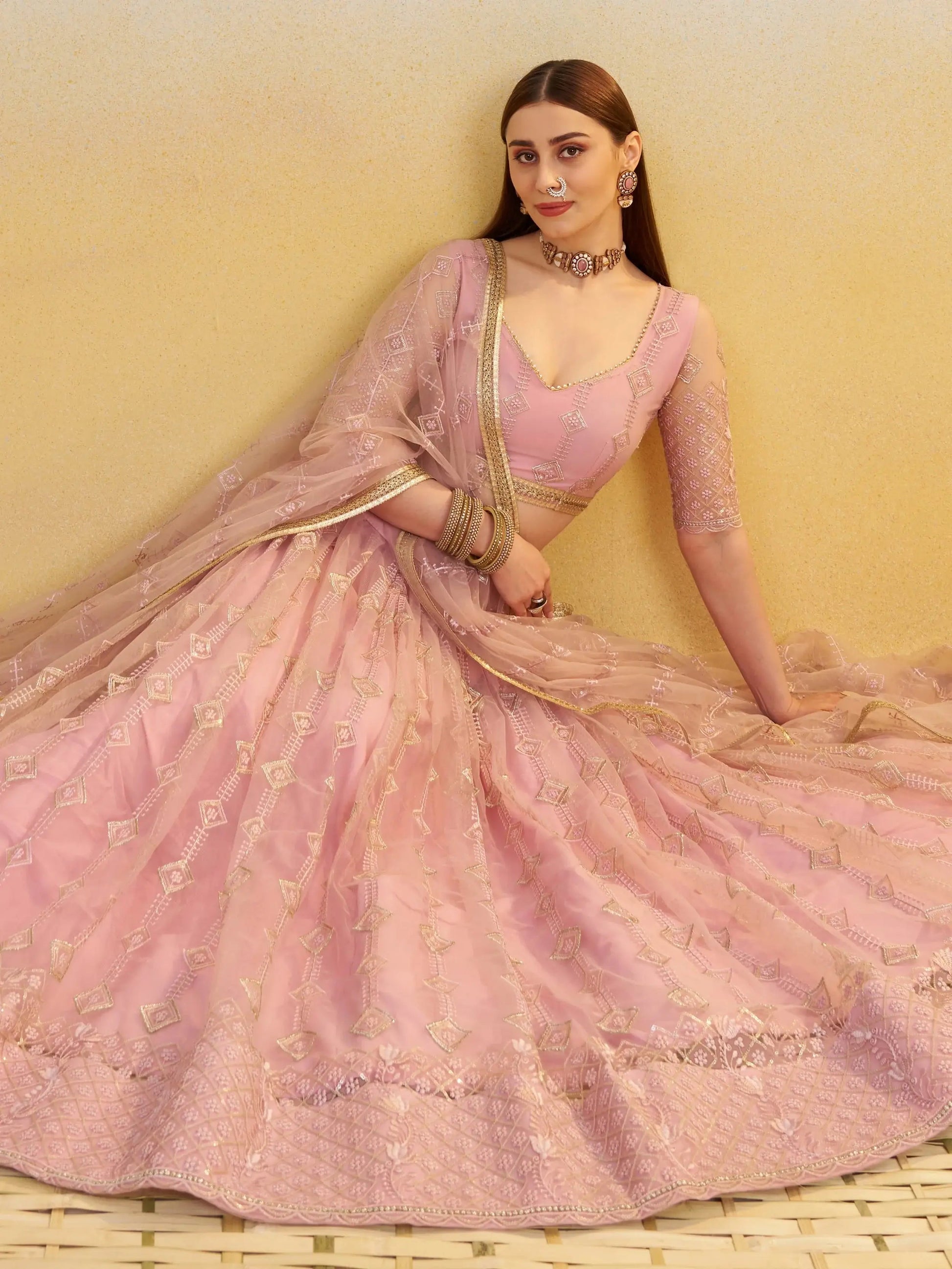 Sweet Baby Pink Thread Embroidery Net Bridesmaid Lehenga Choli With Dupatta - Zeel Clothing