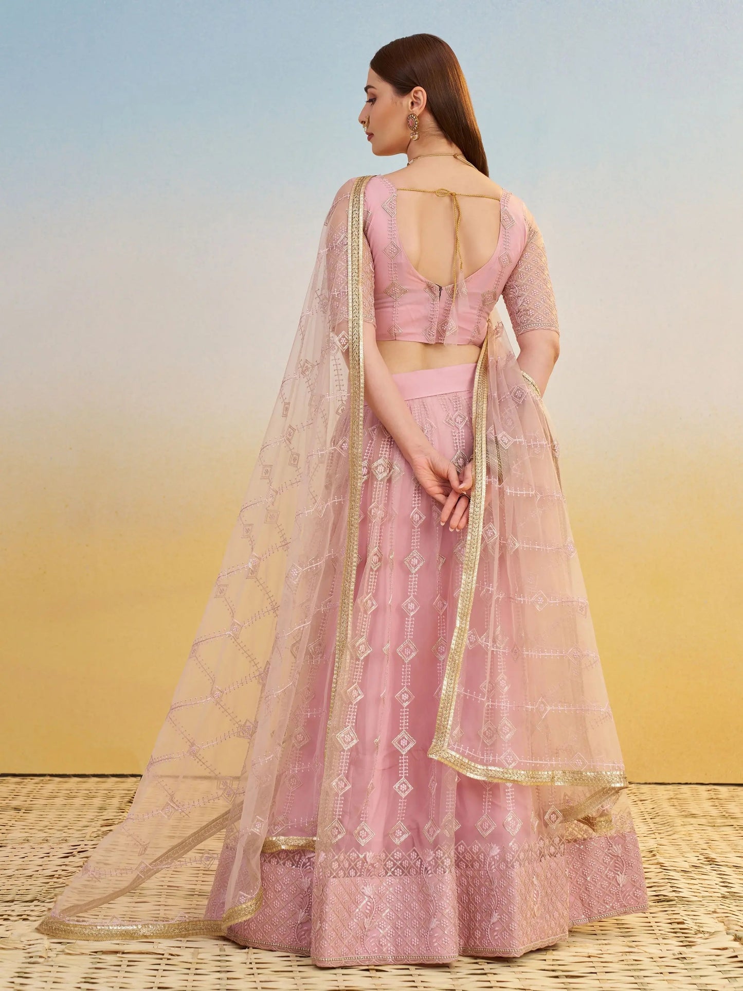 Sweet Baby Pink Thread Embroidery Net Bridesmaid Lehenga Choli With Dupatta - Zeel Clothing