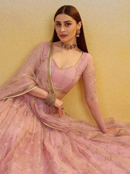 Sweet Baby Pink Thread Embroidery Net Bridesmaid Lehenga Choli With Dupatta - Zeel Clothing