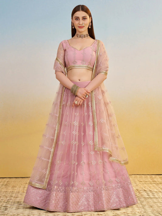 Sweet Baby Pink Thread Embroidery Net Bridesmaid Lehenga Choli With Dupatta - Zeel Clothing
