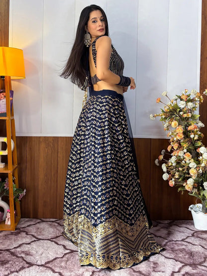 Sweet Blue Zari Embroidered Georgette Lehenga Choli With Dupatta - Zeel Clothing