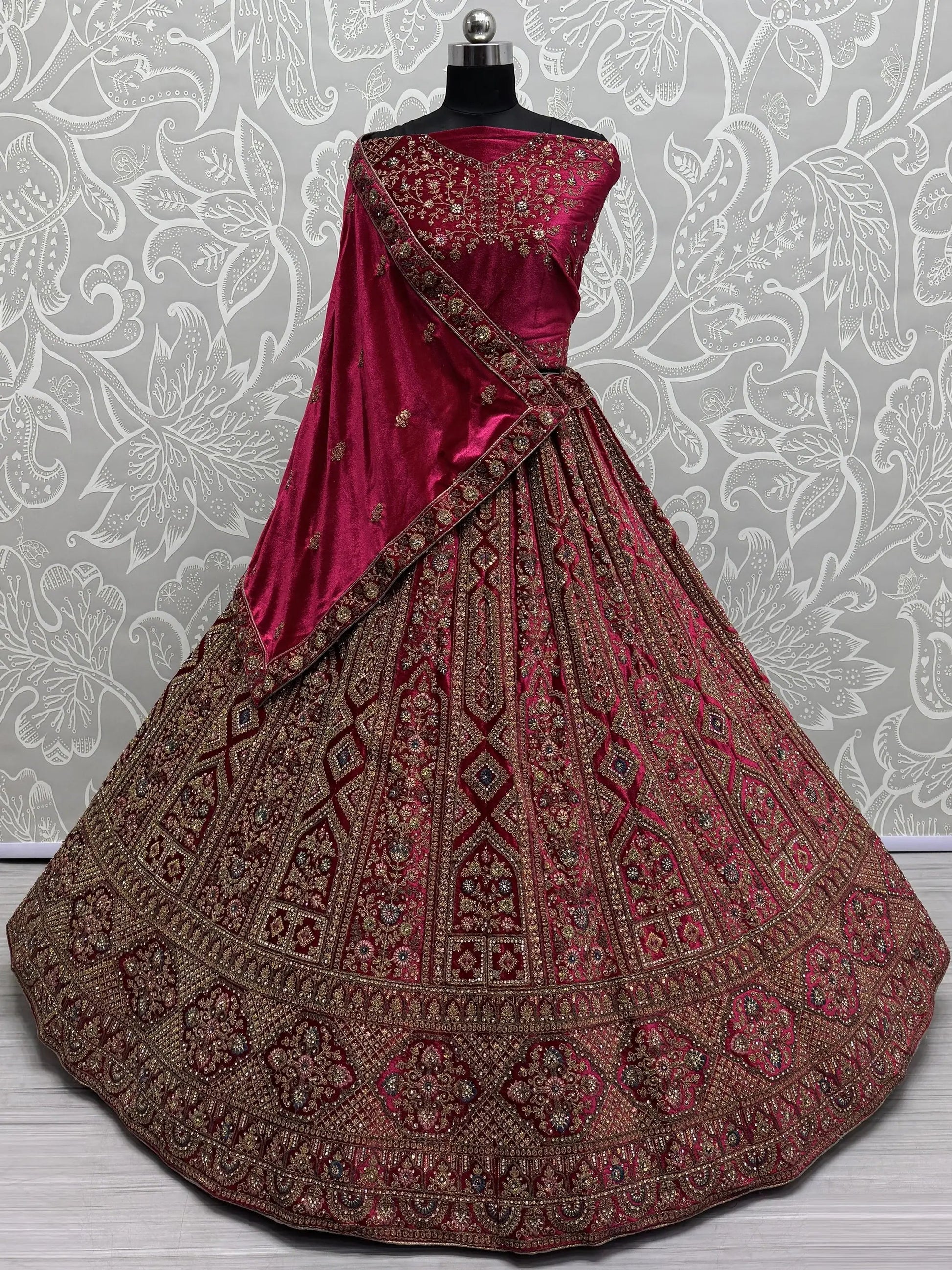 Sweet Pink Dori Work Velvet Bridal Lehenga Choli With Double Dupatta - Zeel Clothing