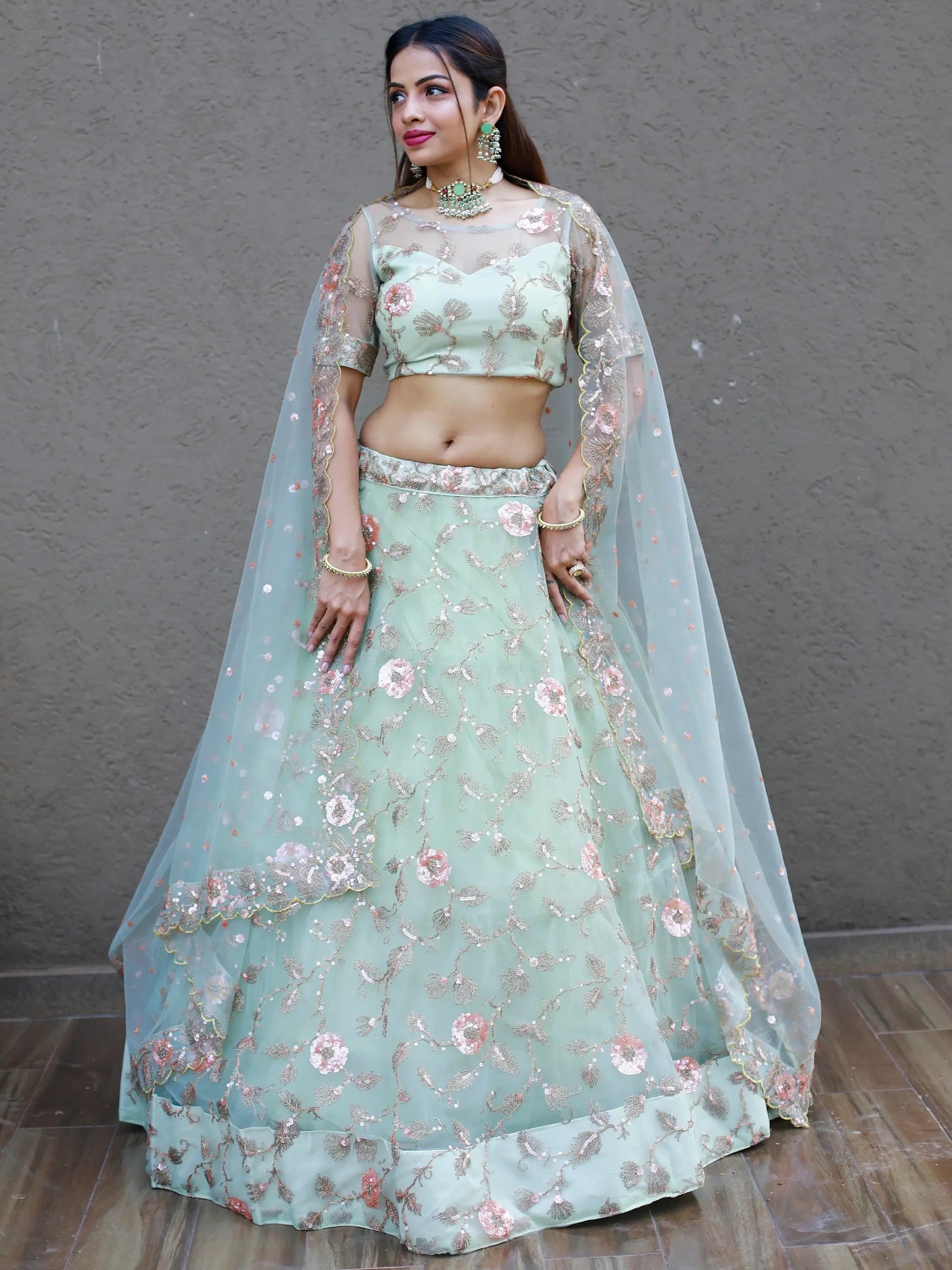 Sweet Pista Green Thread Embroidered Net Designer Lehenga Choli - Zeel Clothing