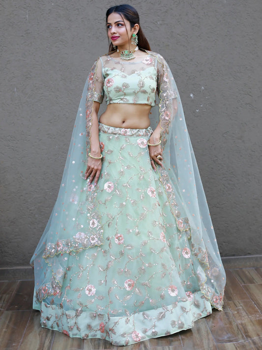 Sweet Pista Green Thread Embroidered Net Designer Lehenga Choli - Zeel Clothing
