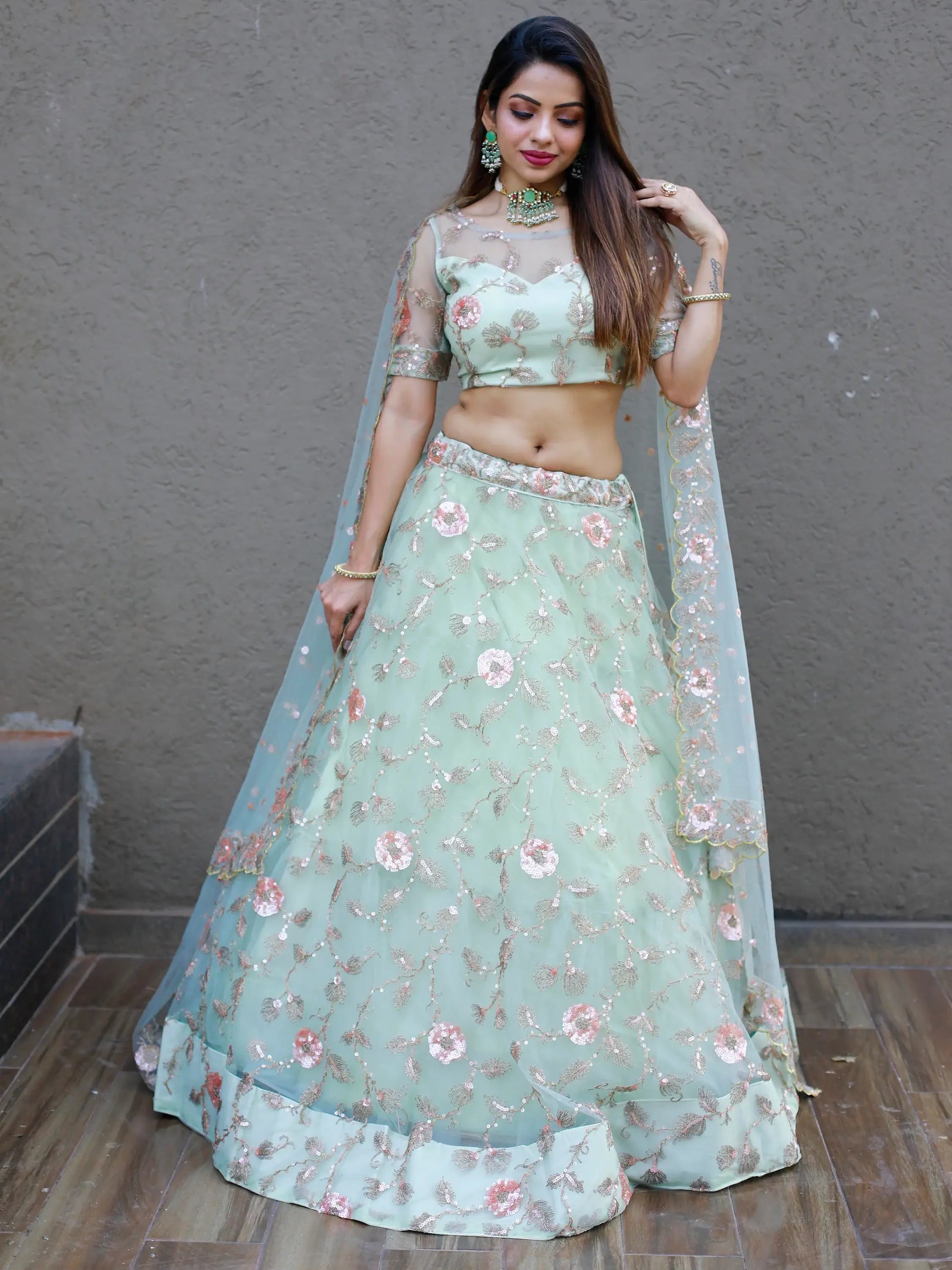 Sweet Pista Green Thread Embroidered Net Designer Lehenga Choli - Zeel Clothing