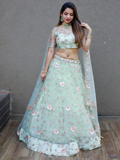 Sweet Pista Green Thread Embroidered Net Designer Lehenga Choli - Zeel Clothing