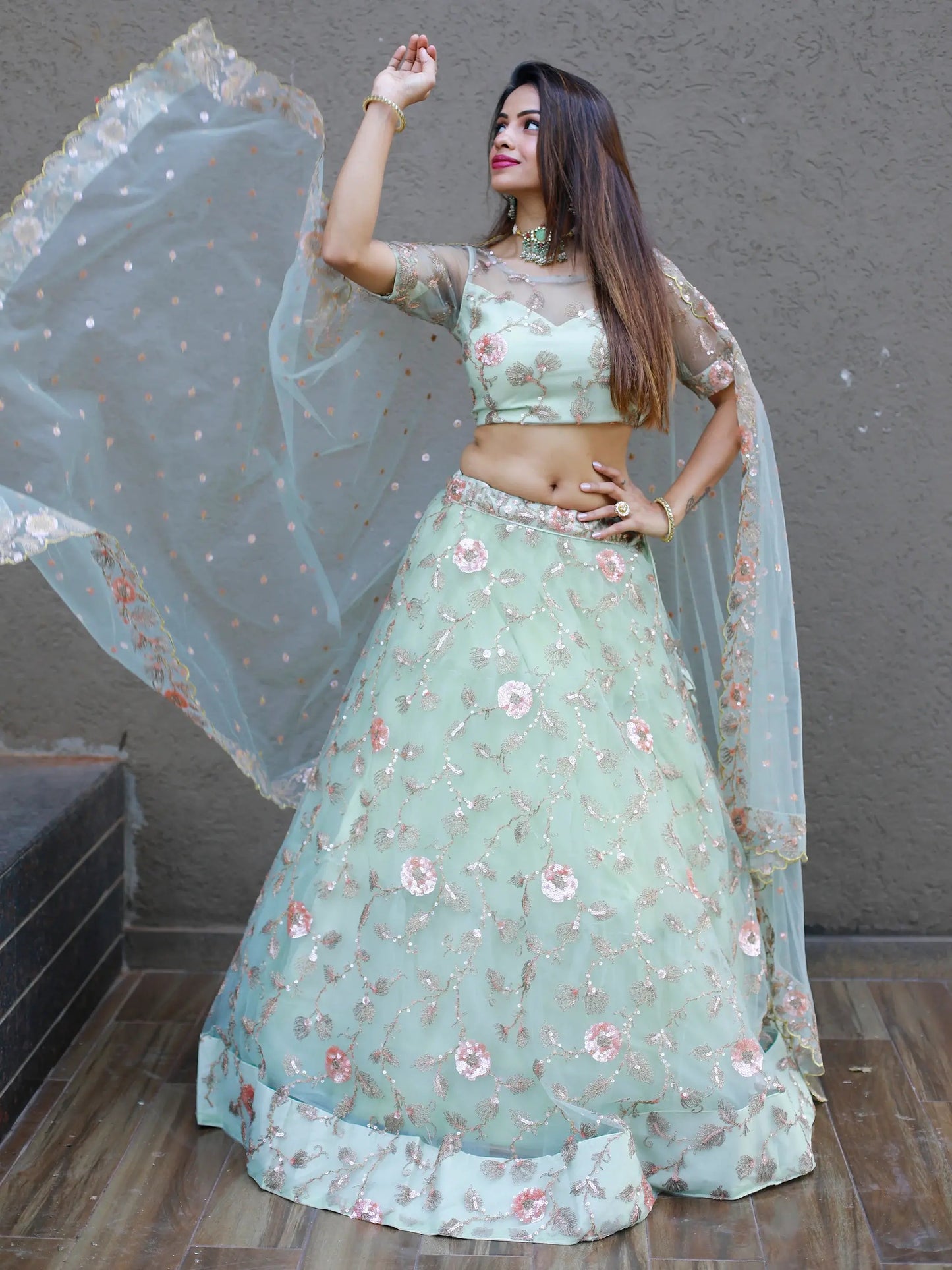 Sweet Pista Green Thread Embroidered Net Designer Lehenga Choli - Zeel Clothing