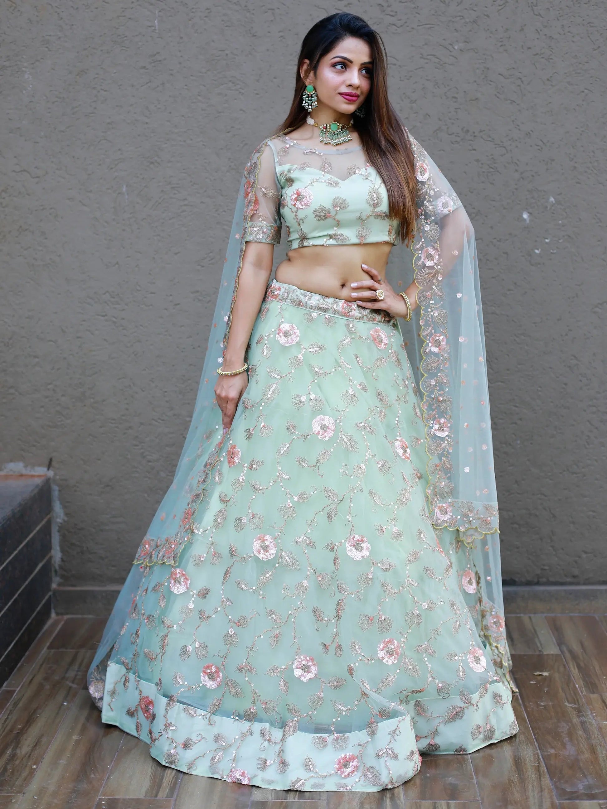 Sweet Pista Green Thread Embroidered Net Designer Lehenga Choli - Zeel Clothing