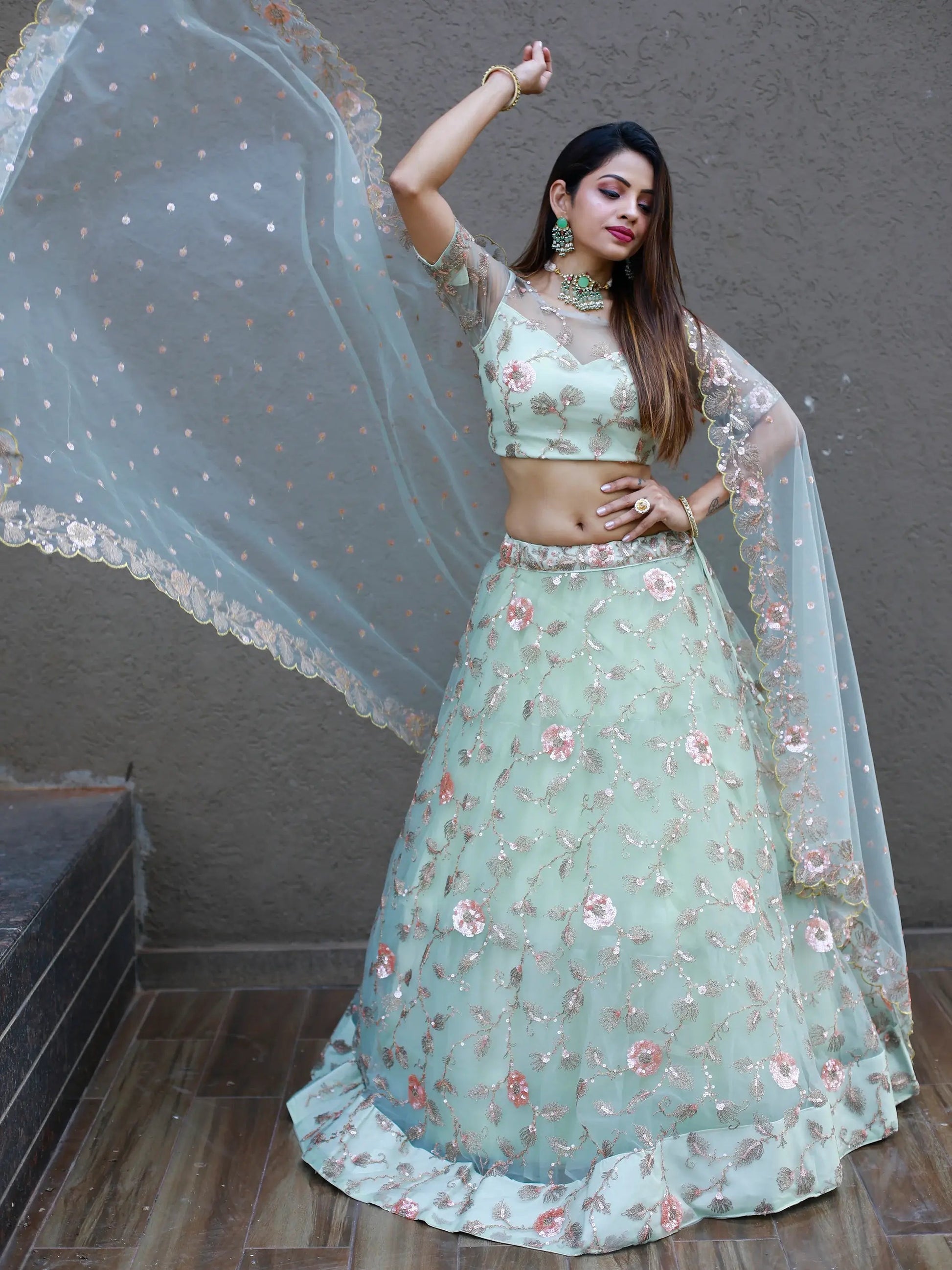 Sweet Pista Green Thread Embroidered Net Designer Lehenga Choli - Zeel Clothing