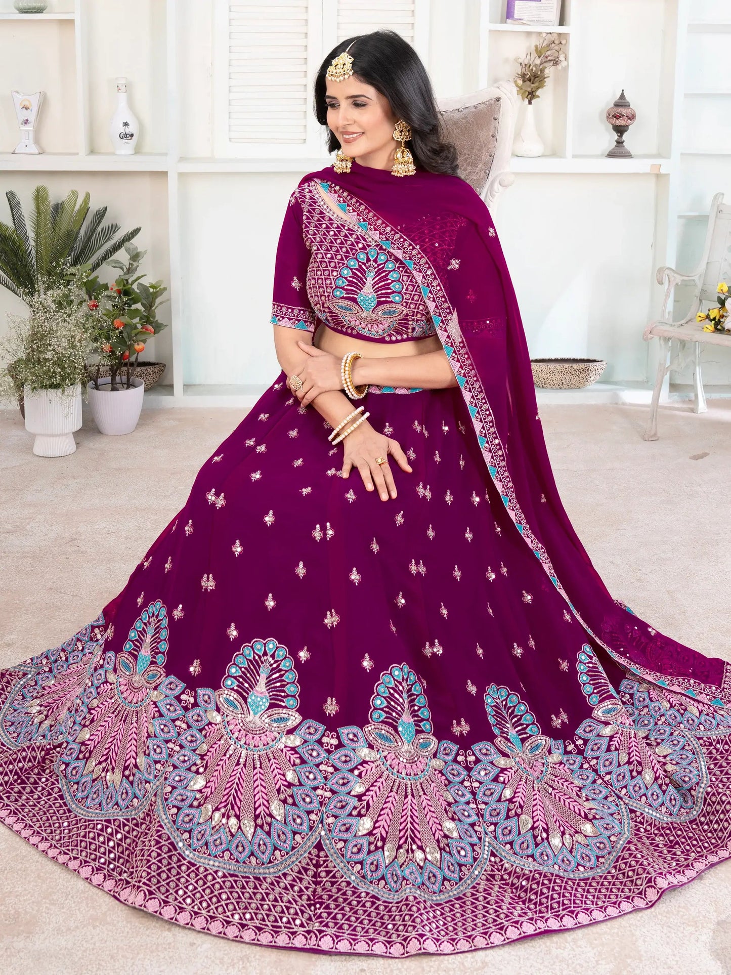 Sweet Purple Thread Work Georgette Bridesmaid Lehenga Choli - Zeel Clothing