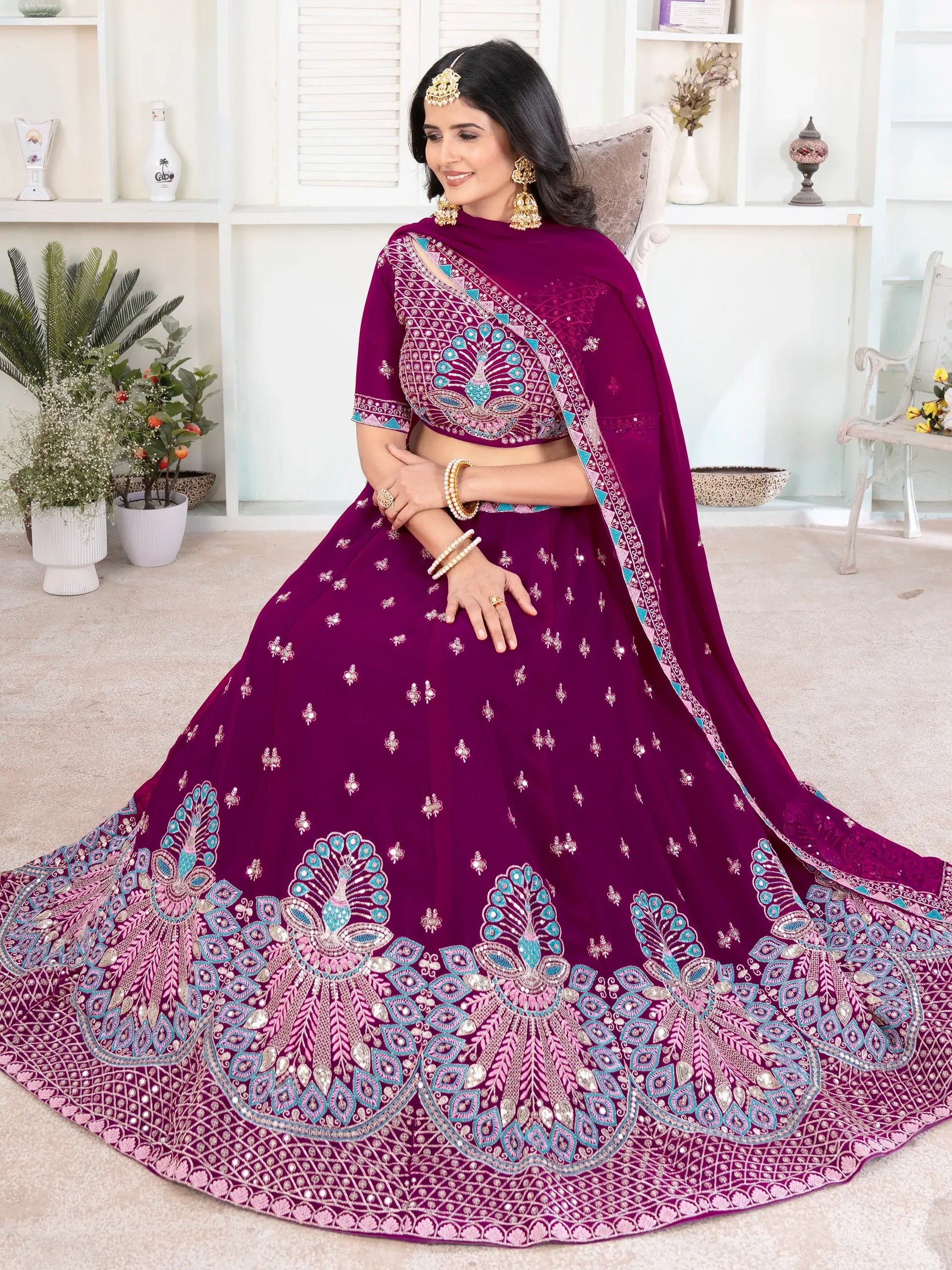 Sweet Purple Thread Work Georgette Bridesmaid Lehenga Choli - Zeel Clothing