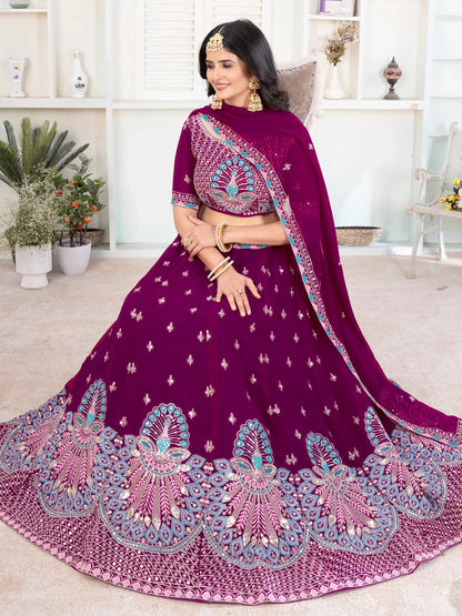 Sweet Purple Thread Work Georgette Bridesmaid Lehenga Choli - Zeel Clothing