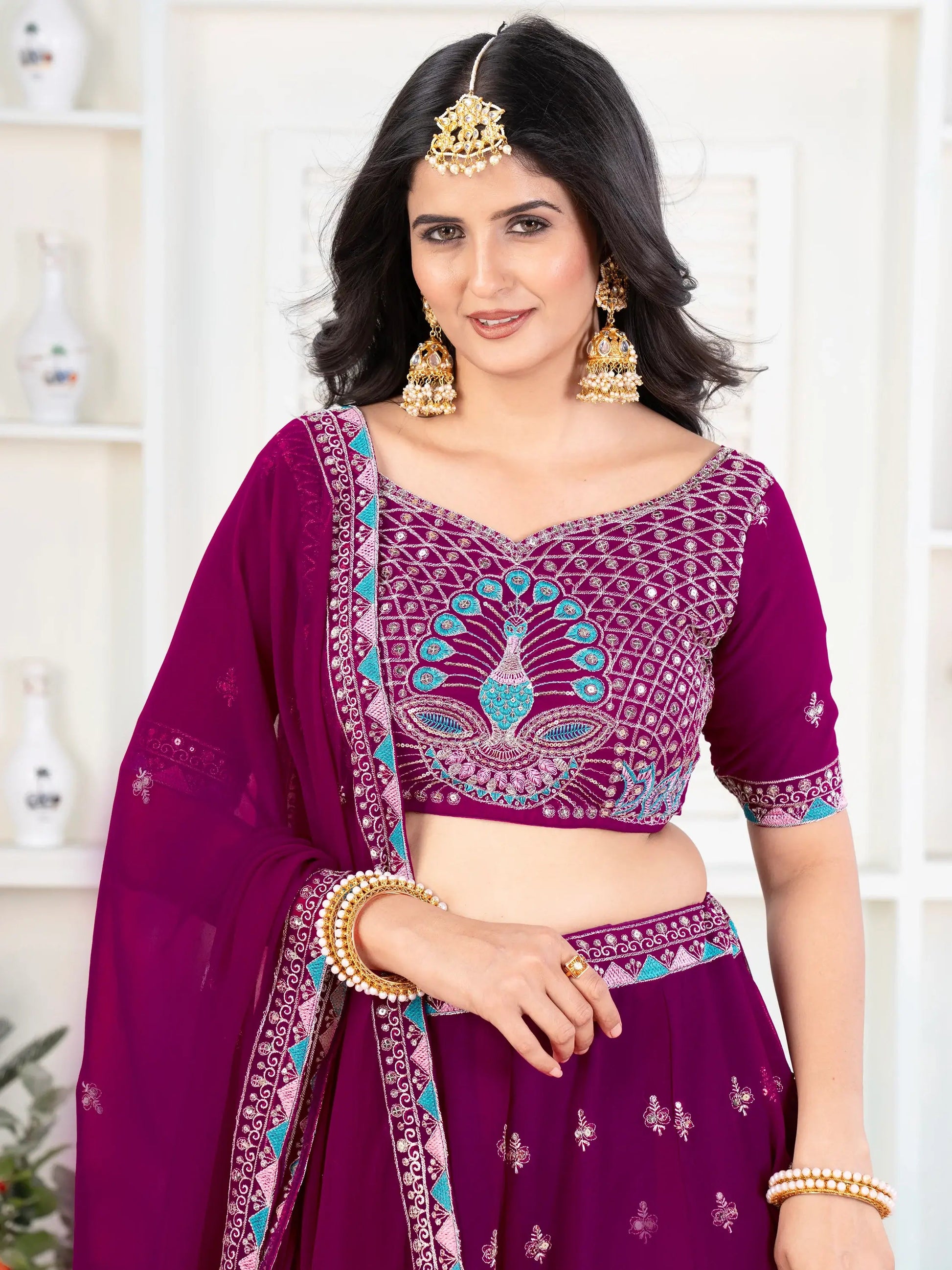 Sweet Purple Thread Work Georgette Bridesmaid Lehenga Choli - Zeel Clothing