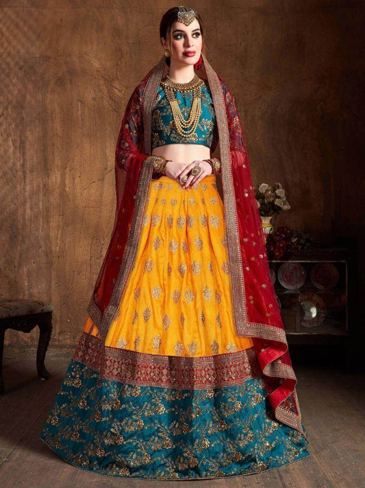 Sweet Teal Green & Yellow Embroidered Banarasi Silk Lehenga Choli - Zeel Clothing