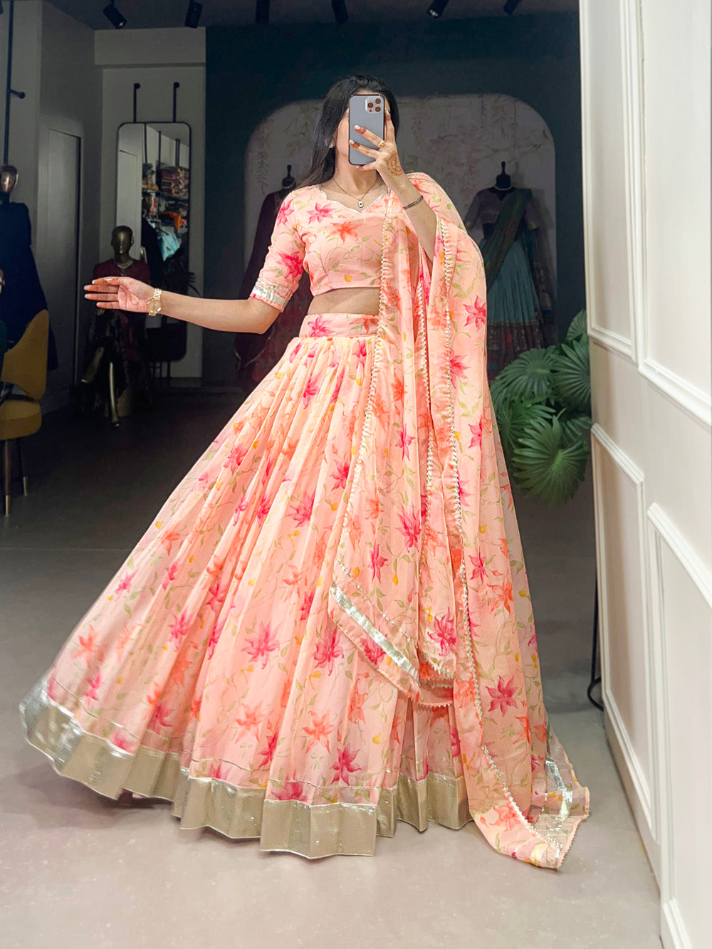Peach Color Floral Print With Lace Border Tabby Silk Lehenga Choli