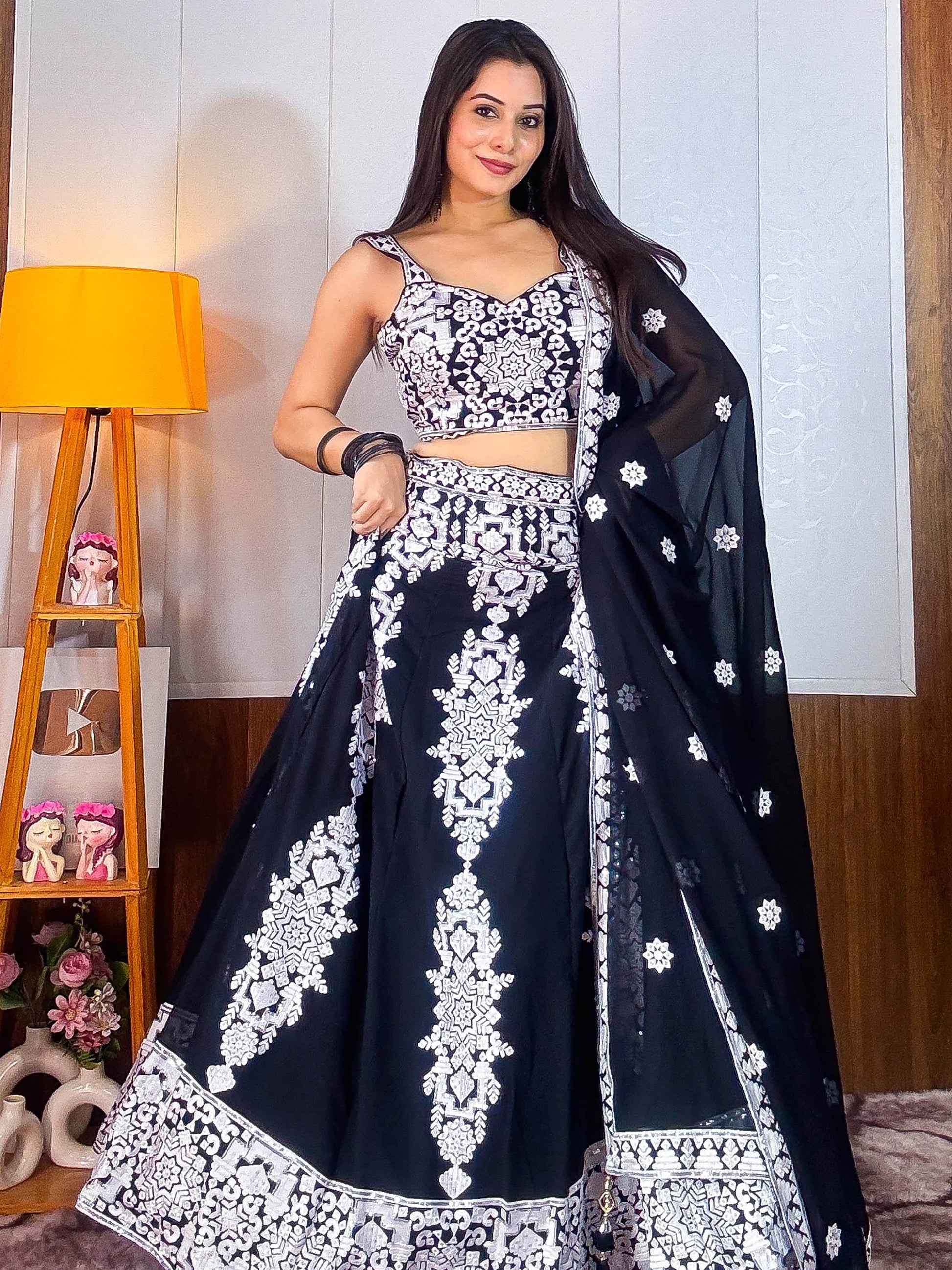 Tantalizing Black Thread Work Georgette Designer Lehenga Choli - Zeel Clothing