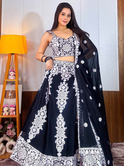 Tantalizing Black Thread Work Georgette Designer Lehenga Choli - Zeel Clothing