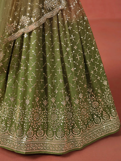 Tantalizing Mehendi Georgette Sequins Work Lehenga Choli With Dupatta - Zeel Clothing