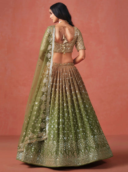 Tantalizing Mehendi Georgette Sequins Work Lehenga Choli With Dupatta - Zeel Clothing