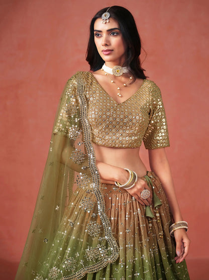 Tantalizing Mehendi Georgette Sequins Work Lehenga Choli With Dupatta - Zeel Clothing