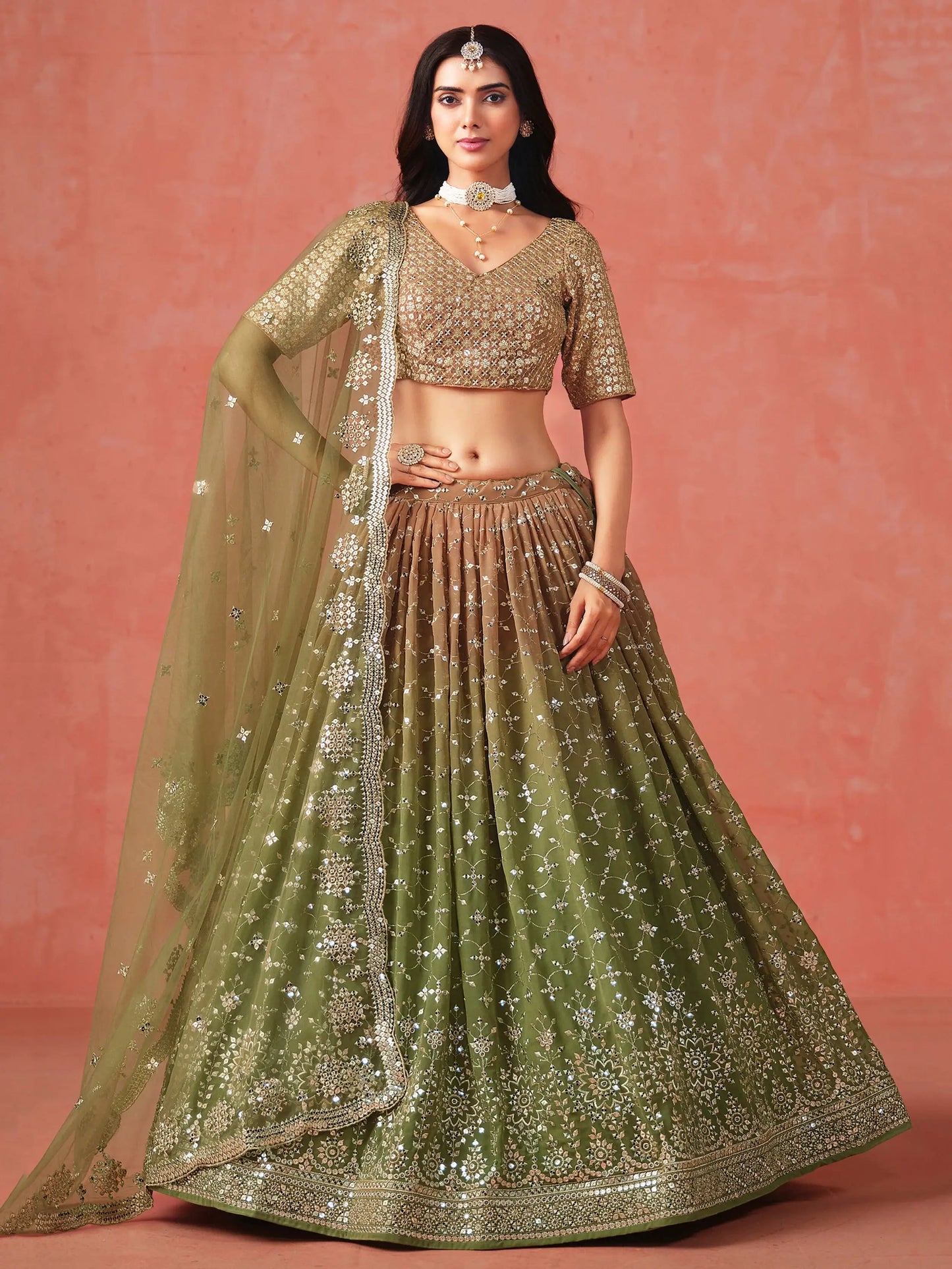 Tantalizing Mehendi Georgette Sequins Work Lehenga Choli With Dupatta - Zeel Clothing
