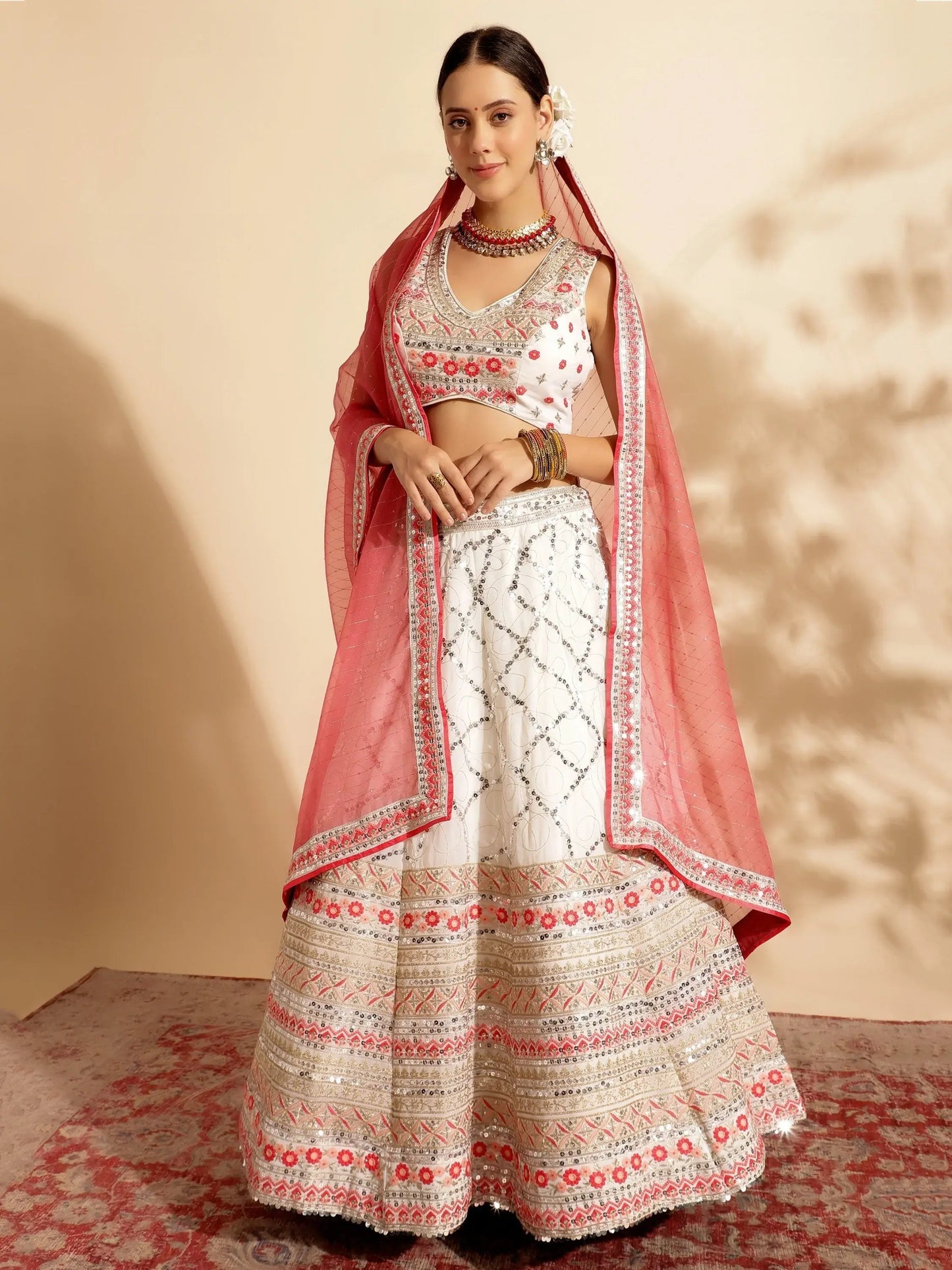 Tantalizing White Sequins Work Georgette Lehenga Choli With Dupatta - Zeel Clothing