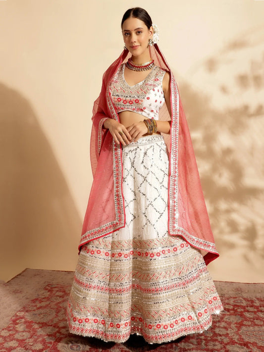 Tantalizing White Sequins Work Georgette Lehenga Choli With Dupatta - Zeel Clothing