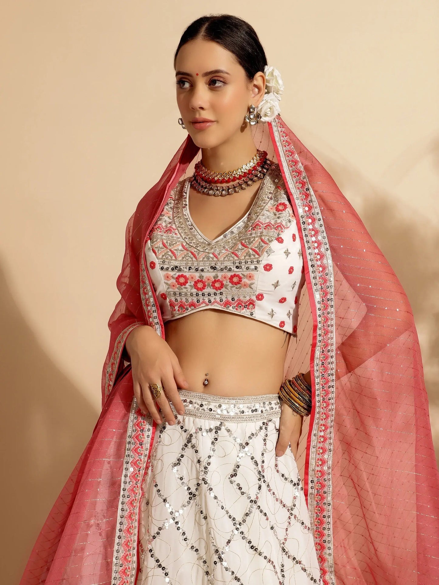 Tantalizing White Sequins Work Georgette Lehenga Choli With Dupatta - Zeel Clothing